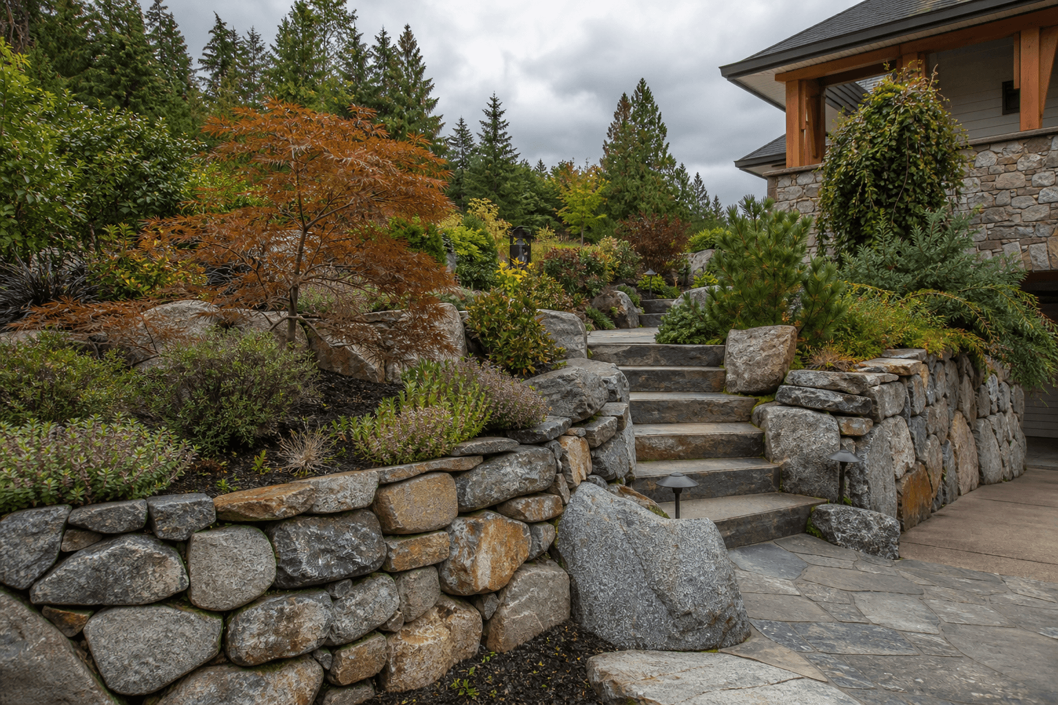 Natural stone retaining wall and garden in BC