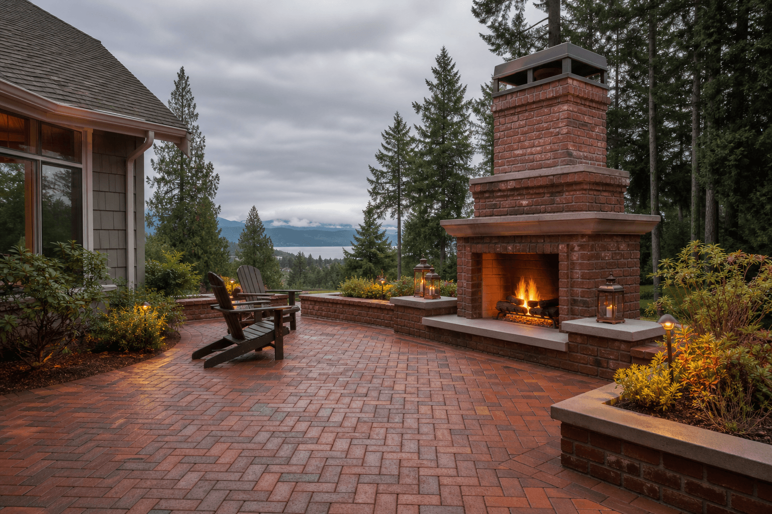Brick patio and outdoor fireplace in BC backyard