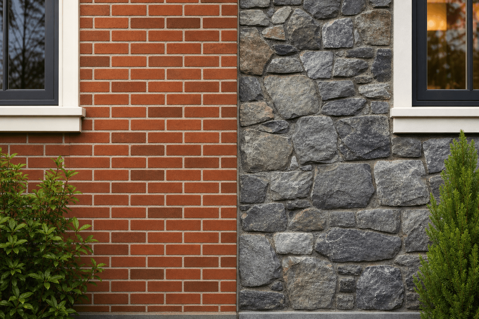 Side-by-side comparison of brick and natural stone on a BC home exterior