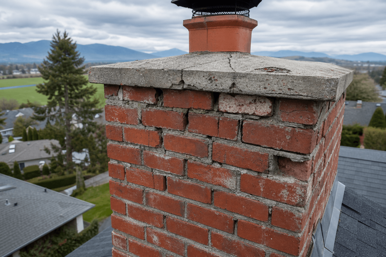 Damaged brick chimney on a BC home rooftop showing cracked crown and deteriorated mortar