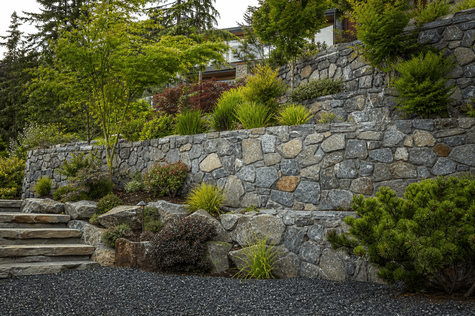 Multi-tiered natural stone retaining wall on a sloped BC residential property