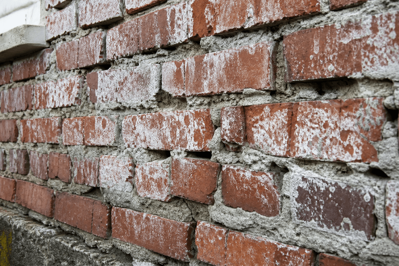 Close-up of severely deteriorated brick mortar joints on an older BC home showing crumbling and efflorescence